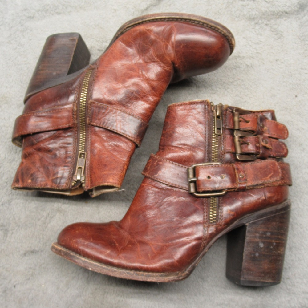 Freebird Bolo Women Boots 7 Brown Leather Dual Buckle Ankle Zip Heel Platform - Picture 3 of 15
